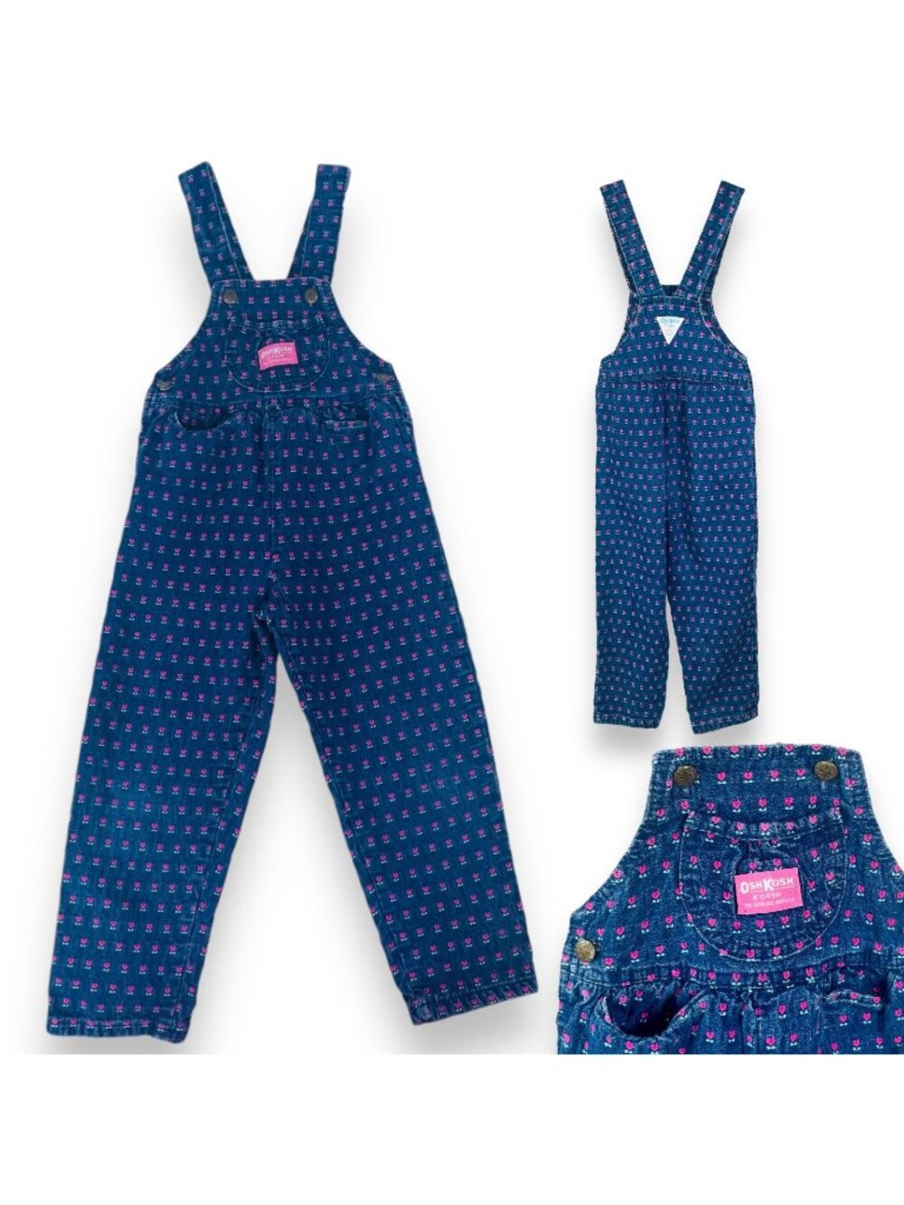 Vintage Oshkosh Girls Tulip Floral Embroidered Dark Wash Denim Overalls 4